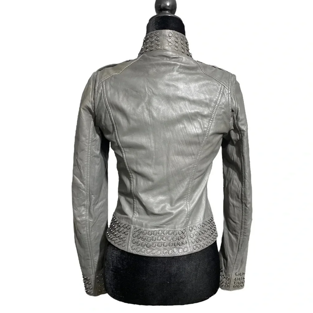 KENNA-T Women’s Biker Moto Jacket Gray Soft Leather Ring Accent Studded Size XS